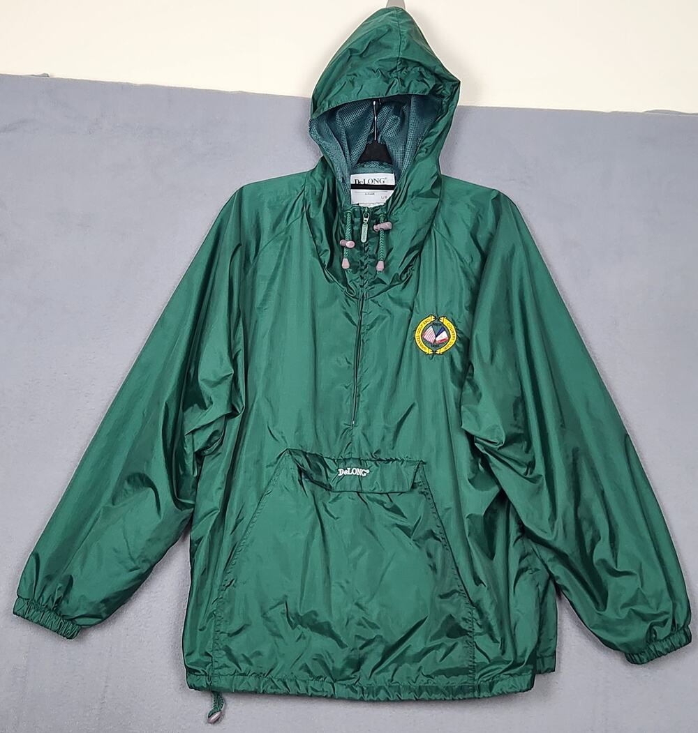 DELONG Windbreaker Jacket Mens Large Green Lightweight Grinnell Golf Club Hooded